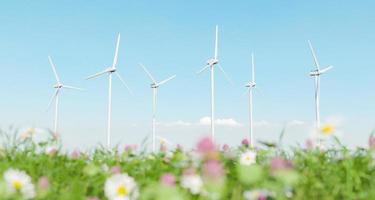 turbinas eólicas com primeiro plano de prado primavera foto