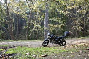 motocicleta sozinha na estrada. passear na floresta. motocicleta na estrada da floresta. motocicleta na natureza estacionando em um caminho. foto