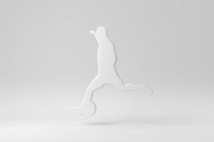 jogador de futebol em ação e botas chutando bola para o gol em fundo branco. modelo de design, simulado. renderização 3D. foto