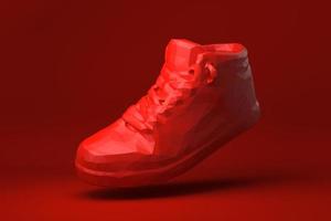 sapato vermelho flutuando no fundo vermelho. ideia de conceito mínimo criativa. estilo origami. renderização 3D. foto
