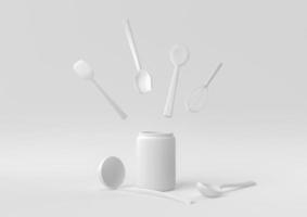 utensílios de cozinha brancos e ingredientes de panificação flutuando no fundo branco. ideia de conceito mínimo criativa. monocromático. renderização 3D. foto