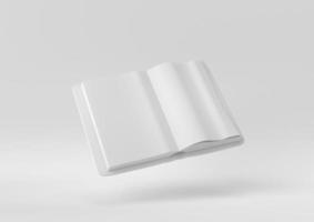 revista aberta em branco branca ou livro flutuando em fundo branco. ideia de conceito mínimo criativa. monocromático. renderização 3D. foto