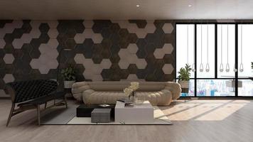 design de maquete de parede de salão de renderização 3D com conceito de design de interiores minimalista moderno foto