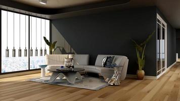 3d renderiza o design moderno da maquete da parede do salão - conceito de design de interiores do lobby foto