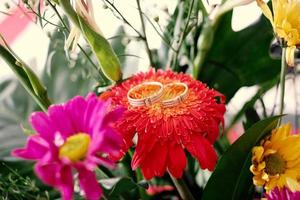 um par de anéis de casamento em um buquê de flores foto