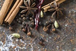 especiarias e ervas. alimentos e ingredientes da cozinha. paus de canela, estrelas de anis, pimenta preta, pimenta, cardamomo e cravo em plano de fundo texturizado foto