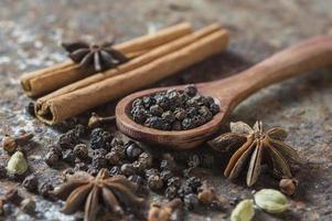 especiarias e ervas. alimentos e ingredientes da cozinha. paus de canela, estrelas de anis, pimenta preta e cardamomo em um plano de fundo texturizado. foto