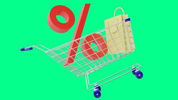 carrinho de compras com sacolas de compras e símbolo de porcentagem sobre fundo verde. carrinho de compras. conceito de desconto. ilustração de renderização 3D foto