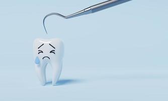 dente com medo de ganchos de inspeção dentária para verificação anual de saúde bucal causa de cárie dentária em fundo azul. cuidados de saúde e conceito médico. renderização de ilustração 3D foto