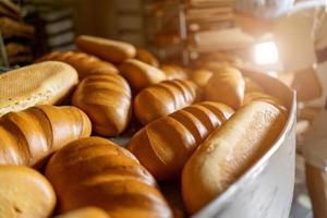 pão se move ao longo do transportador na padaria foto