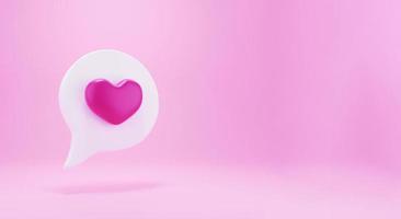 Ícone de amor de notificação de mídia social 3D. amor de notificação de mídia social como ícone de coração isolado em fundo rosa com renderização em 3d sombra e reflexão foto