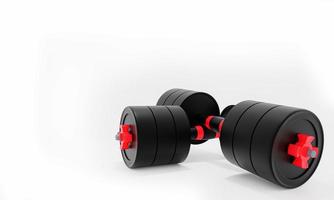 halteres duplos de aço preto. cadeado vermelho sobre fundo branco. equipamento de fitness para musculação, braços e peito. renderização 3D. foto