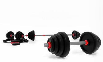 halteres duplos de aço preto. cadeado vermelho sobre fundo branco. equipamento de fitness para musculação, braços e peito. renderização 3D. foto