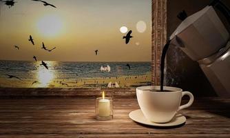 café preto em uma caneca branca em um pires. caneca de café em uma mesa de madeira perto da janela com vista para o mar. pôr do sol no mar. mesa perto da janela da casa de praia. acenda uma vela em um vidro transparente. renderização em 3D foto