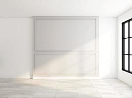 quarto vazio minimalista com parede cinza e piso de madeira. renderização em 3D foto
