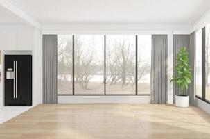 quarto vazio minimalista com piso de madeira. renderização em 3D