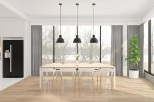sala de jantar minimalista com piso de madeira. renderização em 3D foto