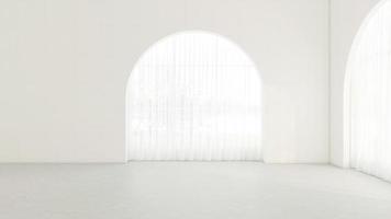 quarto vazio com janela em arco e parede branca. renderização em 3D foto