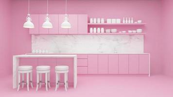 cenário de cozinha rosa com móveis embutidos. renderização em 3D foto