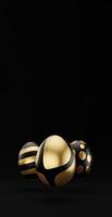 ovos de páscoa 3d dourados de luxo caindo com padrão em fundo preto. renderização 3D feliz fundo de luxo de páscoa com ovos dourados e pretos foto
