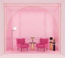 luxuosa sala de estar rosa com poltronas rosa e cornijas de parede rosa claro, mesa lateral e luminária de chão. renderização em 3D foto