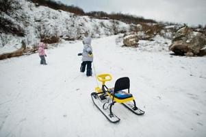 dois bebê desfrutar de um passeio de trenó. trenó infantil. garoto andando de trenó no inverno. foto