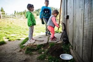 crianças brincando com gato na aldeia de montanha. foto