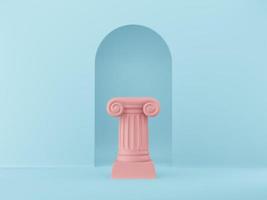 coluna abstrata pódio rosa sobre fundo azul com arco. o pedestal da vitória é um conceito minimalista. renderização 3D. foto