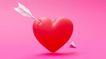 coração vermelho e seta no fundo rosa. renderização 3D. foto