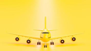 avião amarelo na pista e luz por trás em fundo amarelo. conceito de ideia mínima, renderização 3d. foto