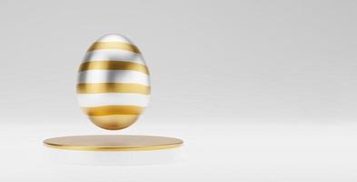 ovo de páscoa dourado no pódio 3d render ilustração. feliz dia de páscoa conceito. cena mínima com pedestal e ovo. foto