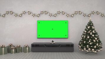 tv de natal com tela verde. ano novo sala de estar com televisão. época de Natal. renderização em 3D foto