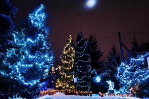 árvore de natal com guirlandas ao ar livre na noite congelada foto