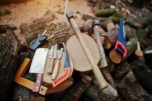 dois machados em tocos com fundo de ferramentas de trabalho de madeira lenha picada. foto
