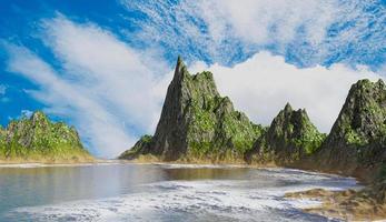 montanhas íngremes, penhascos e o mar ou oceano. a água azul-esverdeada reflete as montanhas e o céu. atmosfera da luz do sol da manhã e a neblina cobriu o pico da montanha. renderização em 3D foto