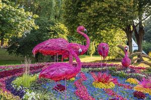 figura de flamingos rosa em pé na exposição de flores coloridas no jardim foto