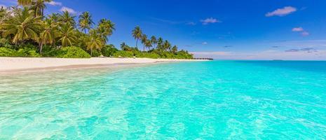 praia panorâmica da ilha das maldivas. panorama de verão paisagem tropical, areia branca com mar de palmeiras. destino de férias de viagens de luxo. paisagem de praia exótica. natureza incrível, relax, natureza liberdade foto