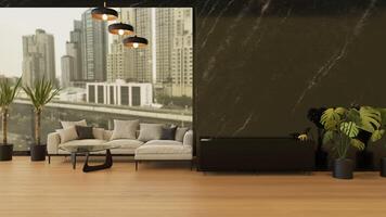 design de interiores de sala de estar moderna interior com sofá, renderização em 3d foto