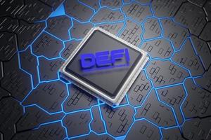 defi - finanças descentralizadas em fundo azul escuro da cpu. com o conceito de placa de circuito impresso de blockchain, sistema financeiro descentralizado. foto
