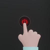 mão dos desenhos animados, apertando um botão vermelho no conceito de estilo plano de botão de pressão de fundo preto. renderização 3D. foto