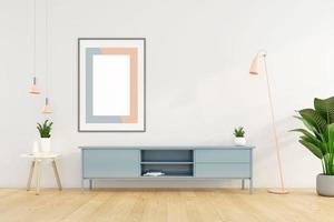 sala de estar minimalista com armário de tv na parede branca e porta-retrato. renderização em 3D foto