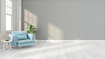 quarto vazio minimalista com poltrona azul claro e mesa lateral, parede cinza e piso de madeira. renderização em 3D foto