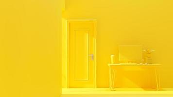 conceito mínimo, computador na mesa de trabalho cor amarela ao lado da porta. a luz lateral cria alto contraste. espaço para fundo de banner e logotipo. renderização 3D. foto