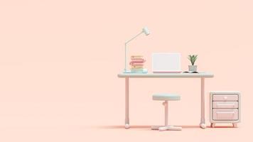laptop rosa na mesa de trabalho verde com prateleiras de armazenamento colocadas ao lado. espaço para fundo de banner e logotipo. projetado em tons pastel, renderização 3d. foto