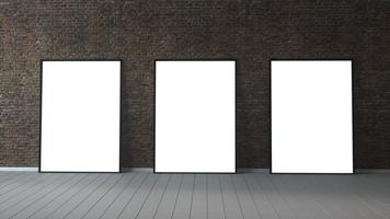 três porta-retrato em branco e luz solar em uma parede de tijolos. renderização em 3D foto