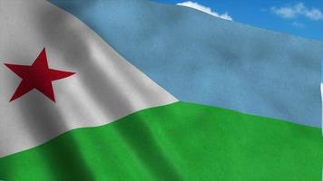 bandeira da república do djibuti balançando ao vento, fundo do céu azul. renderização em 3D foto