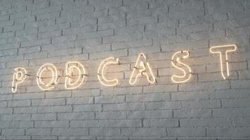 sinal de néon de podcast. emblema de podcast brilhante no fundo da parede de tijolo branco. renderização em 3D foto