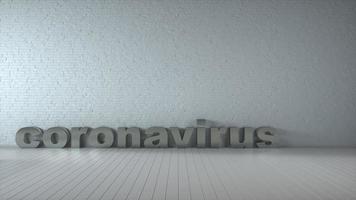 coronavírus - placa de metal realista em uma sala clássica vazia. ilustração 3D