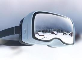 fone de ouvido de realidade virtual, dupla exposição, paisagem majestosa de montanhas de inverno foto