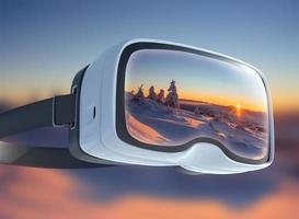 fone de ouvido de realidade virtual, dupla exposição. misteriosa paisagem de inverno majestosas montanhas em. árvore coberta de neve mágica. foto